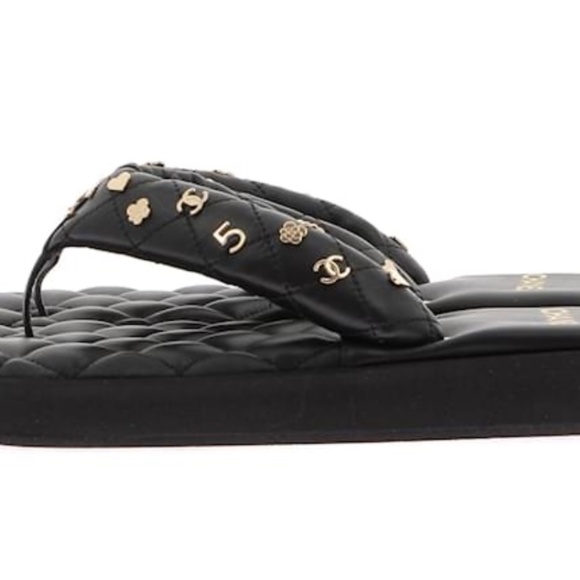 CHANEL Black Quilted Charms Thong Sandals, Size 36.5 - Picture 2 of 6